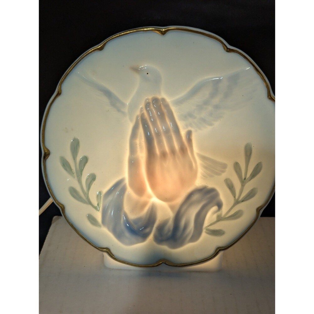 Praying Hands Night Light Peace Dove & Olive Branches Vtg 6" x 6" Works!